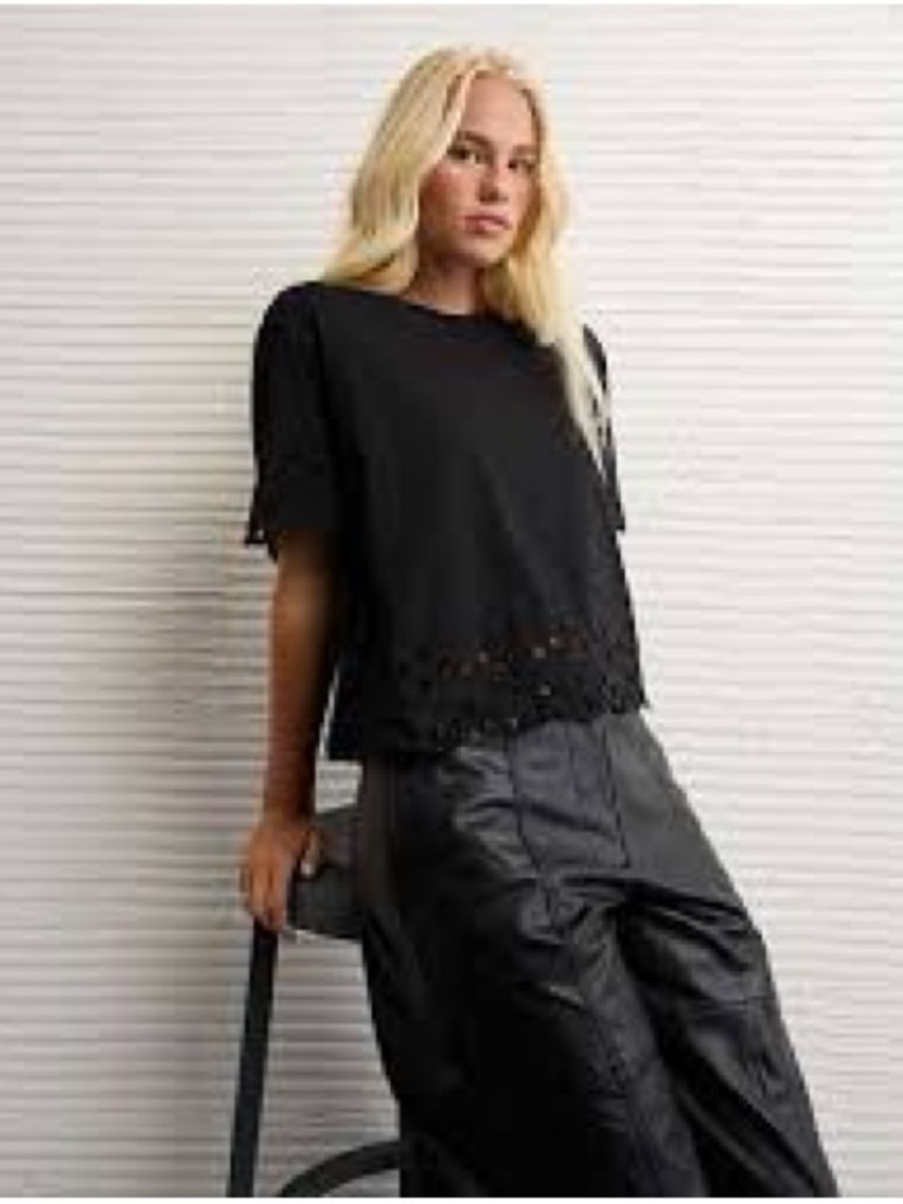 American Eagle Black Eyelet Hem Short Sleeve Top - XS